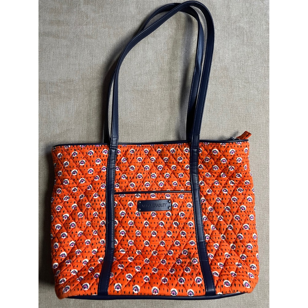 Vera Bradley Quilted Cotton Tote Bag Orange Floral Navy Blue Trim Shoulder Bag